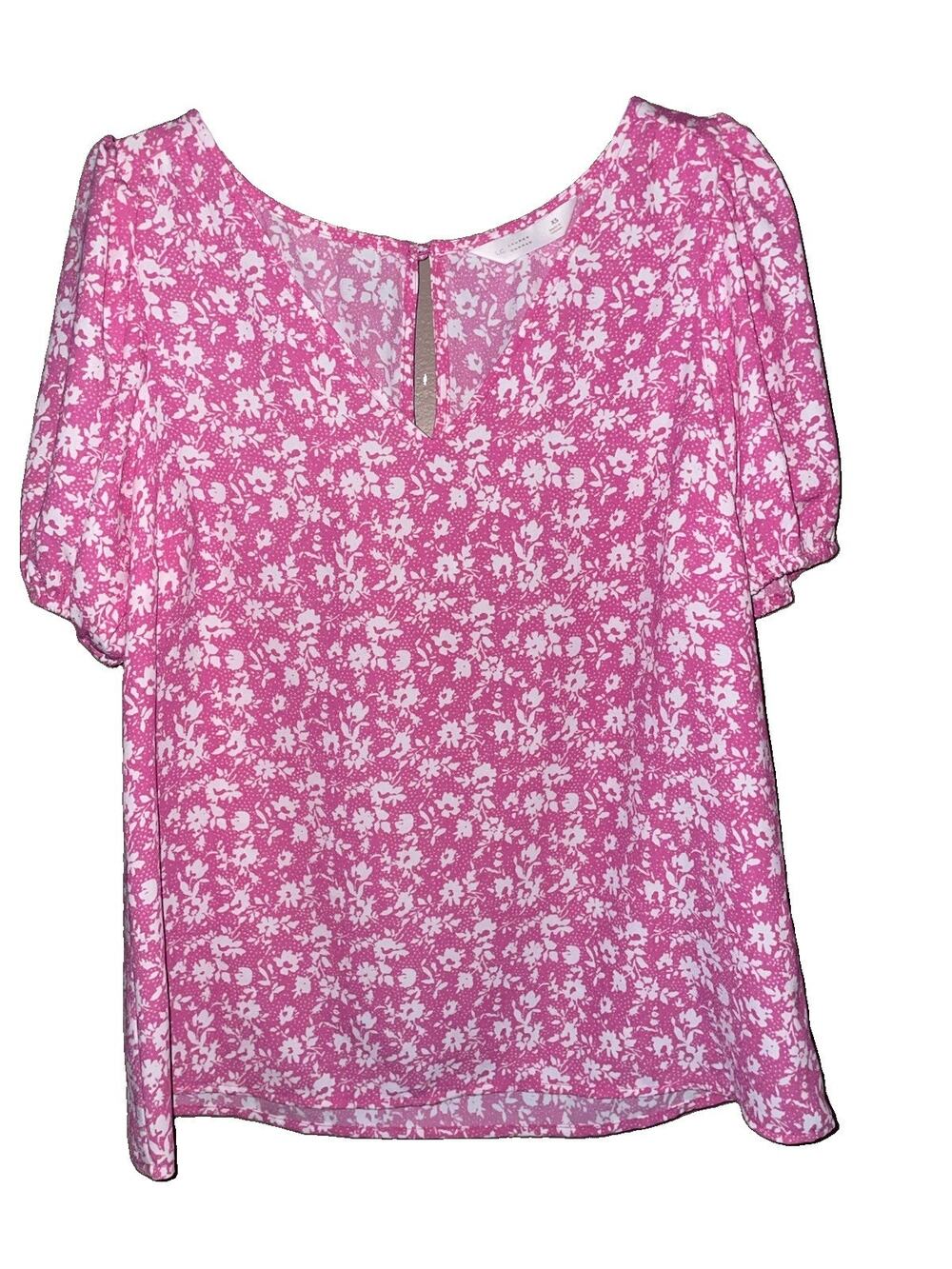 LC Lauren Conrad Pink White Floral Puff Sleeve Keyhole Back Blouse Top Sz XS